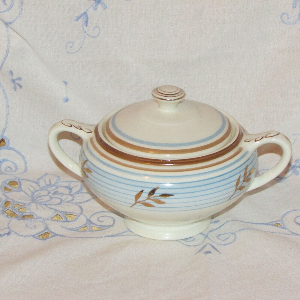 Antique Covered Sugar Bowl EMPIRE BRAMHALL ENGLAND Blue Gold Brown Vintage